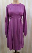 A Jean Muir purple linen dress, pintuck panel to the square bodice, white button back fastening from