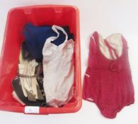 Assorted items to include two vintage knitted swimming costumes with the initials WBC sewn on, a