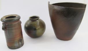 Large stoneware slab vase, elliptical and tapering with bronzed-effect glaze, similar stoneware