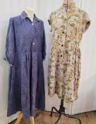 Selection of 1950's dresses to include a blue figured cotton shirt dress, side zip fastening, button