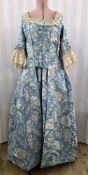 Late 18th century blue damask 'Sack' dress - square neckline with lace detail, three quarter
