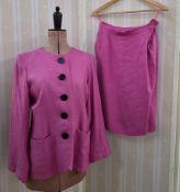 Yves St Laurent pink linen skirt suit, collarless, large 5 black button fastening, size 42, Yves
