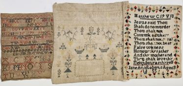 Three unframed samplers, one very faded, with flowers, baskets, the name and date too faint to read,