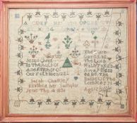 Sampler by Sarah Chalkley, finished her sampler June 4th 1836 aged 12, with religious verse,