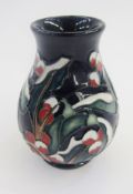 Moorcroft pottery trial vase, holly and snow covered berry design, baluster shape, 9.5cm high, dated