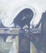 Jack Pender (1919-1998)  Oil on canvas Blackbird on perch, signed and addressed verso 'Fisherman