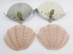 Pair of Art Deco chrome and glass wall lights, clamshell pattern, with pink frosted shell-shaped