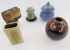 Peter Luti pottery vase with tenmoko glaze, ovoid, 17cm high, a stoneware totem-style vase, a