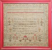 Sampler by Emma Tipping aged 9 years, religious verse, alphabet and numbers, floral border, trees