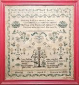 Sampler by Harriet Cook, aged 11, March 26th 1833, religious verse, border, Adam and Eve beneath a
