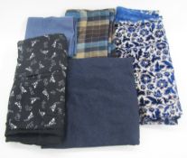 Large quantity of fabrics to include tweed, printed cotton, brocade, a length of 100% pure black