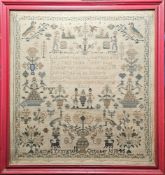 Sampler by Rachel Young, October 16, 1845, with verse, trees of life, rural figures, parrots, dogs