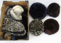 Various fur hats and scarves to include two brown mink hats, a silver fox pillbox hat, a blue velvet