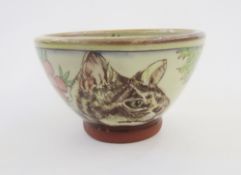Maureen Minchin, pottery small bowl, decorated with cat, bird and flowers, impressed mark to base,
