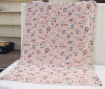 1950's nursery curtains showing  toys, teddies etc. on a pink ground, one pair, a chair loose