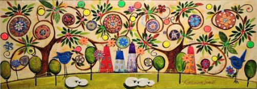 Rozanne Bell (Zimbabwean 1962)  Mixed media  Whimsical landscape with floral tree and buildings,