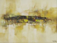 Mojiri (Filipino)  Oil on canvas Abstract scene with buildings, signed and dated 78, 28cm x 38cm