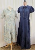 Five various vintage dresses to include a green mid-century dress printed with floral bouquets, a