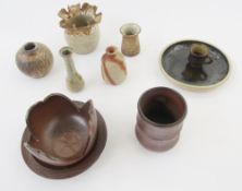 Milbrook pottery vase with frilled everted rim in beige and brown, 10cm high, five small stoneware