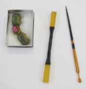 Japanese hair ornaments and a vintage buckle, gilt-coloured metal with green stones and a pink stone