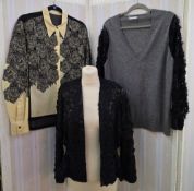 Nicole Farhi fitted black evening jacket, appliqued black daisies to the polka dot chiffon base, a