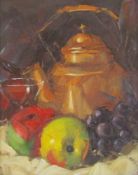 Miguel Angel Vejarano Mezarina  Oil on canvas  Still life copper kettle with apples and grapes,