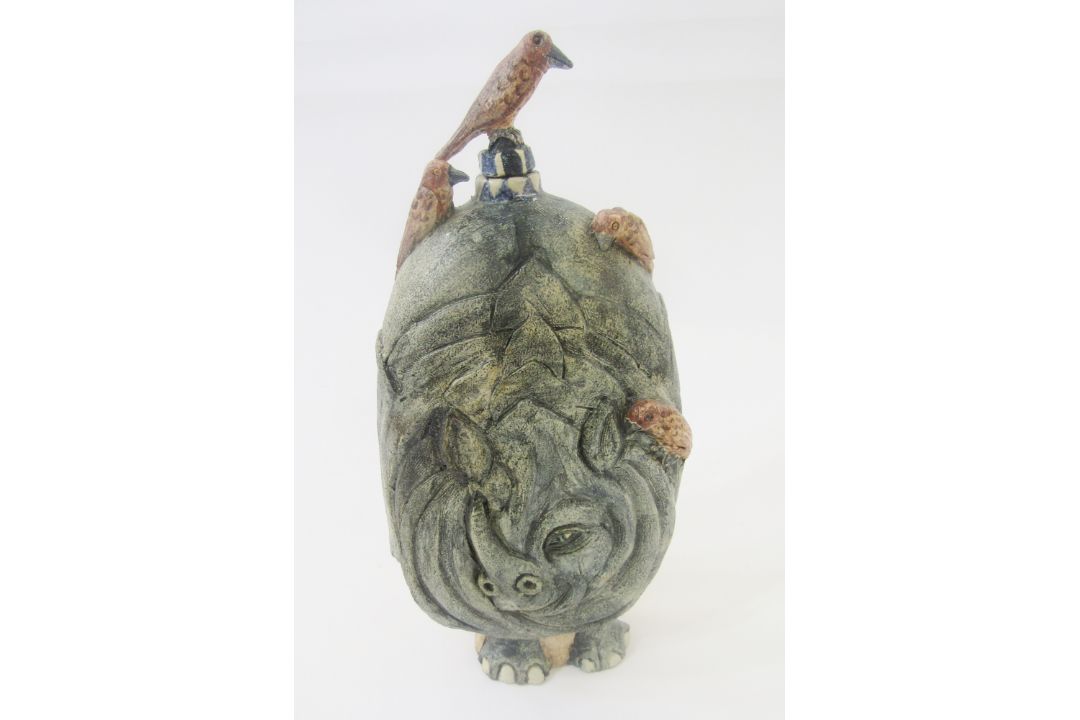 Amanda Popham, earthenware rhino vessel with bird stopper, signed and dated to reverse 2016, 30cm - Image 1 of 3