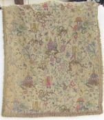 Pair of mid-century textile curtains, embroidered, with oriental design with pagodas and floral