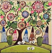 Rozanne Bell (Zimbabwean 1962)  Mixed media  Whimsical landscape with floral tree, buildings and