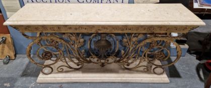 Shell stone brushed limestone topped gilt metal console table with ornate scroll supports, 84cm high