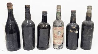 Six bottles of vintage madeira/port, five unlabelled, one Viega Vinho Madeira Reserva, Viega