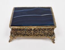 French gilt-metal filigree and banded blue agate mounted small jewel casket, late 19th century, with