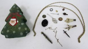 Mixed lot of costume jewellery including Scottish silver and agate dirk brooch, another dirk brooch,