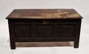 17th/18th century oak coffer, the rectangular two-plank lid with thumb nail moulded edge opening