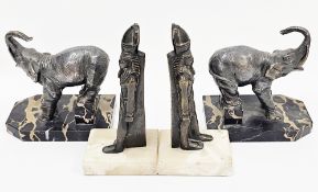 Pair of Art Deco-style bookends in the form of spelter elephants on marble bases, 14cm high together