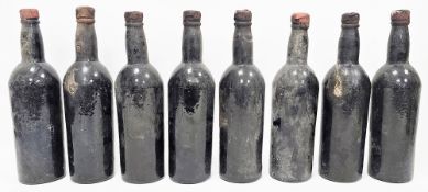 Eight bottles of unlabelled vintage port, capsules mostly intact, varying levels, one with very