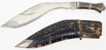 Indian kukri knife, the engraved floral and foliate handle with lion mask detail to end, with