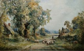 Henry John Kinnaird (1861-1929)  Watercolour Sheep and drover on lane between cottages, signed lower