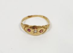 18ct gold, pink stone and diamond ring set two pink stones and one small diamond, scroll
