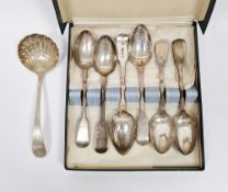 Matched set of George III and later silver fiddle pattern teaspoons, various dates and makers and