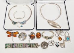 Collection of mainly silver ethnic and amber jewellery including turquoise and abalone set
