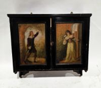 19th century ebonised hanging wall cabinet, the two panel doors decorated with classical figures,
