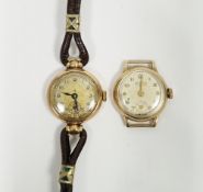 Lady's 9ct gold wristwatch, circular, on brown leather strap and a Dennison Griffon 9ct gold