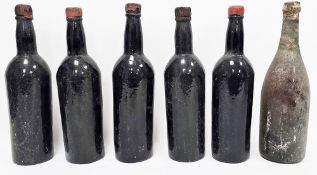 Six bottles of unlabelled vintage port, varying levels, capsules mostly intact (6)  Provenance: