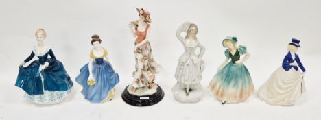 Collection of porcelain and pottery figures of ladies, including a late 19th century Staffordshire