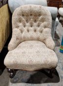 19th century nursing chair having button back, on scroll front legs, 82cm high x 59cm wide x 70cm