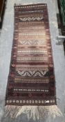 Eastern brown ground runner with geometric shape stripes, single geometric border, 190cm x 63cm