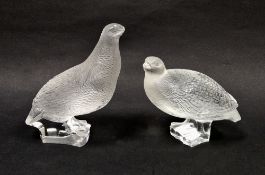 Pair of Lalique frosted glass partridges, etched Lalique France marks (chipping), 17.5cm high
