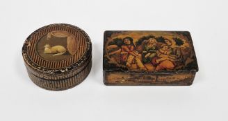 19th century papiermache rectangular snuff-box possibly Russian, the cover painted with a group of