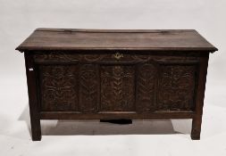 17th/18th century oak coffer, the rectangular top with thumb moulded edge and large H iron hinges,